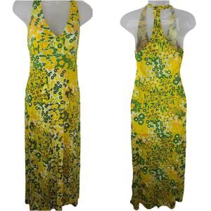 VTG Dress Mod Stretch Halter Yellow Green Flower V-Neck Fits XS Sleeveless Maxi